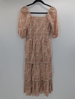 Boho Floral Tiered Maxi Dress Smocked Puff Sleeves Small Paisley Cottage Prairie